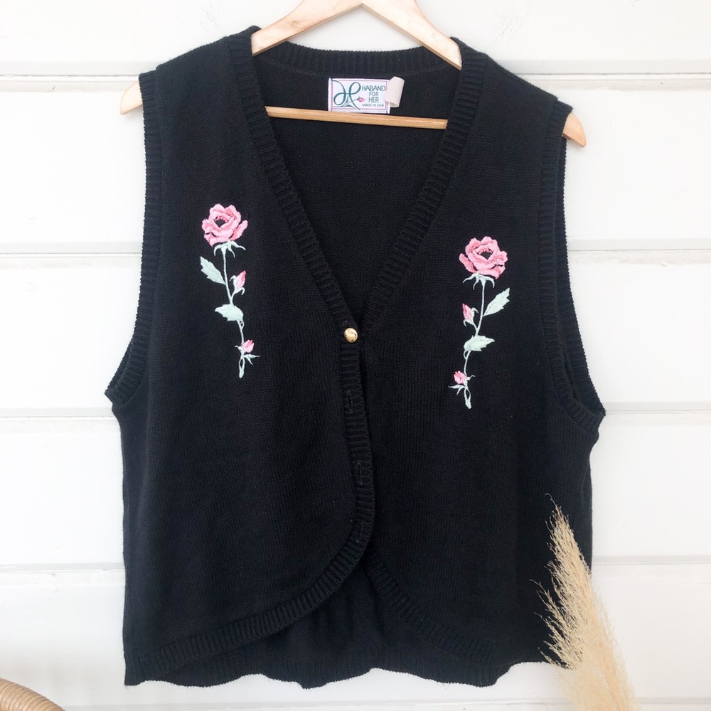 Vintage Sweater Vest Black with Roses